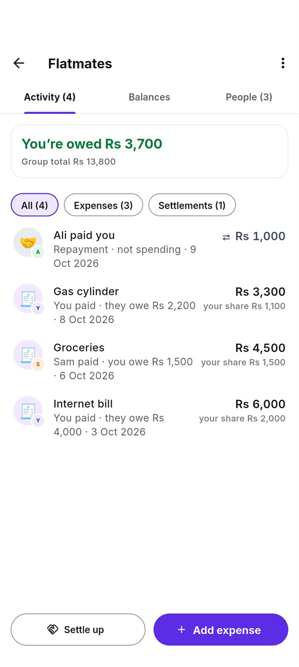 Flatmates group: you're owed Rs 3,700. Ali paid you Rs 1,000; gas cylinder and internet bill you paid; groceries Sam paid, your share Rs 1,500.