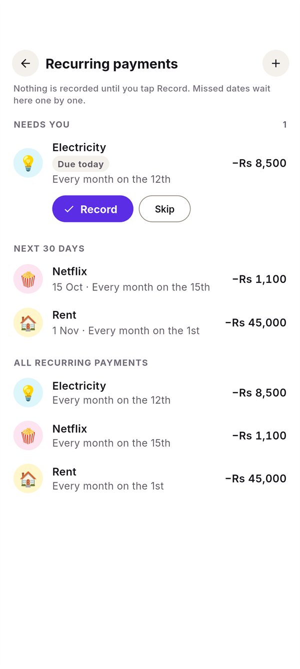 Recurring payments: Electricity Rs 8,500 due today with Record and Skip buttons; Netflix on the 15th and rent on the 1st coming up.