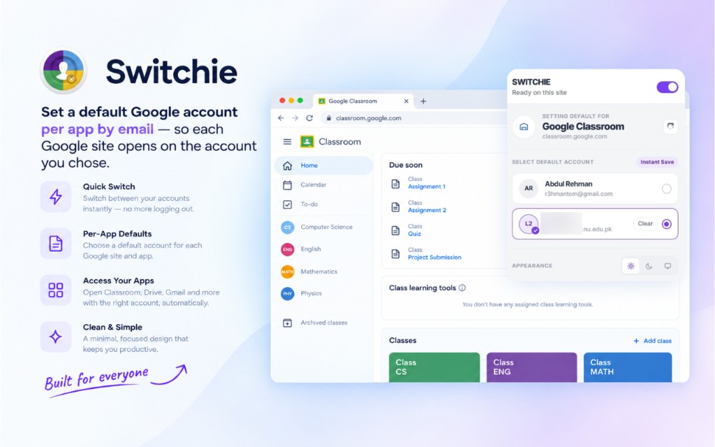 Switchie popup setting a default account on Google Classroom